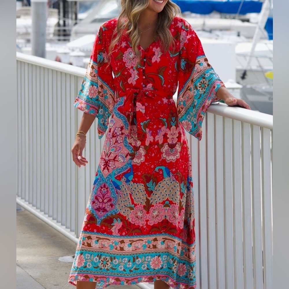 Lena Vie Boutique Peacock Floral Maxi Kimono Style Dress (See Measurements)